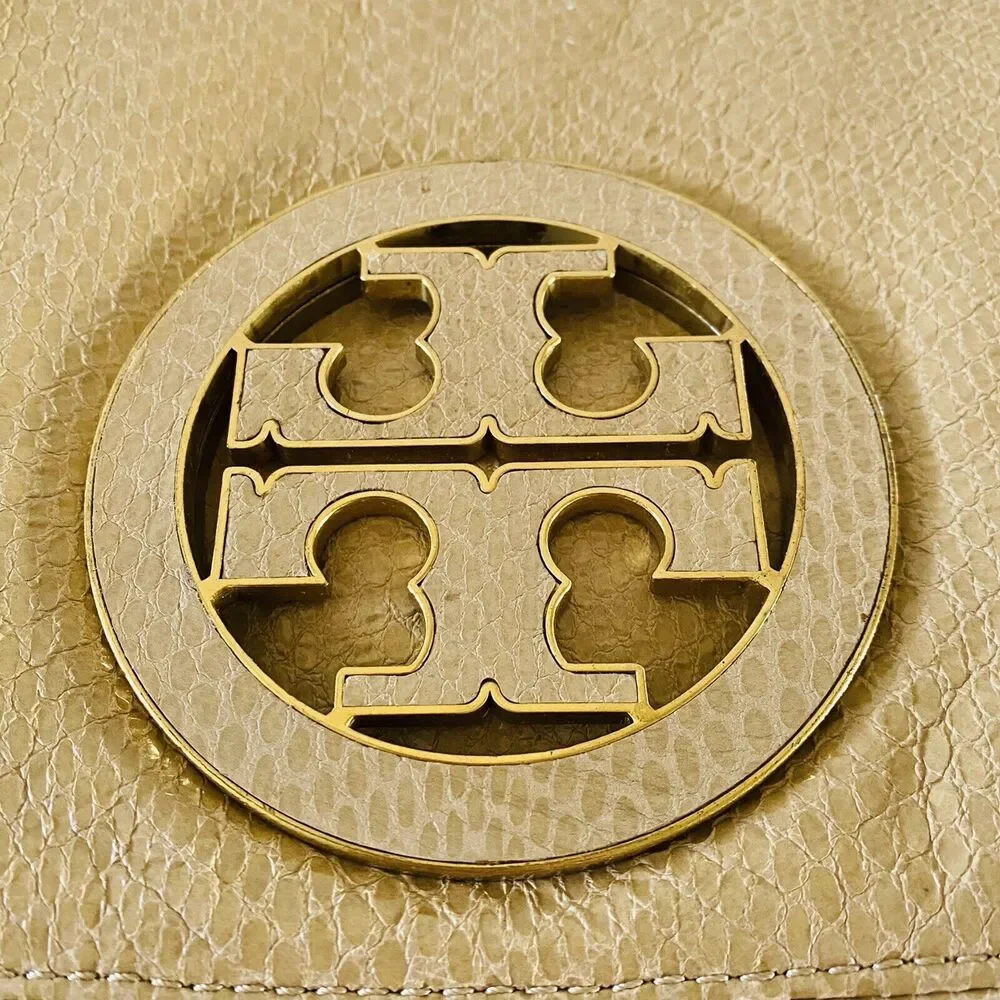 TORY BURCH Solid Tan Leather Clutch Bag Purse Large Logo